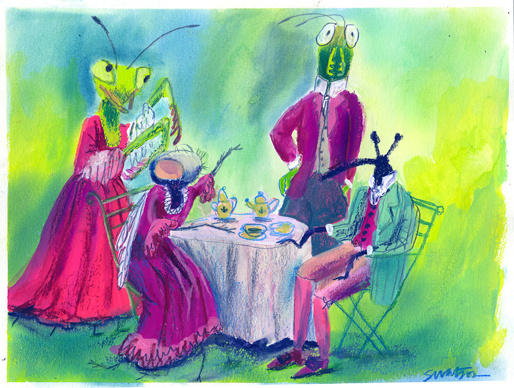 Insects in fancy dress having a tea party