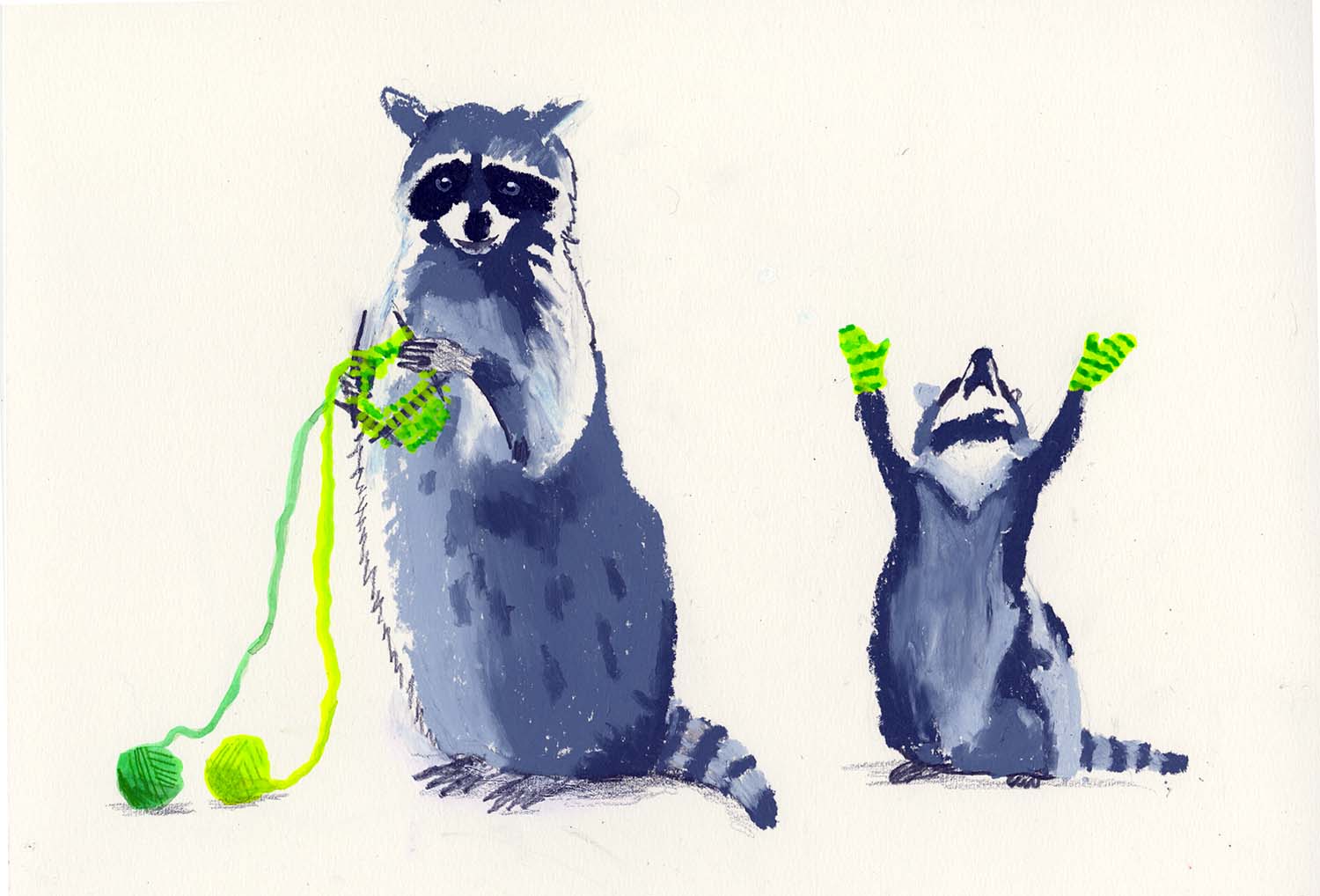 Illustration of a raccoon mother and child knitting, drawing in oil pastels